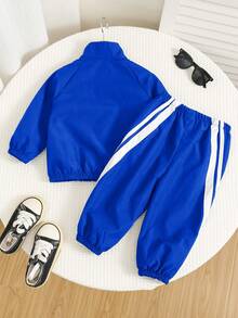SHEIN Thickened Workwear Style Black Stand Collar Jacket Long Sleeve Sweatshirt And Black Jogger Pants Set, Comfortable Versatile Casual Fashion Daily Sporty Minimalist Basic Style, Suitable For Indoor, Outdoor Skiing, Daily Wear, Sports, Parties, Photoshoots In Autumn/Winter - Royal Blue - View 2