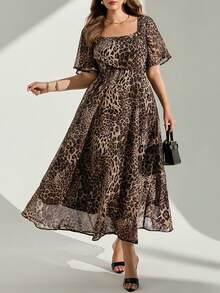 Chikora Plus Size Summer Fashion Leopard Print Dress - Brown - View 1