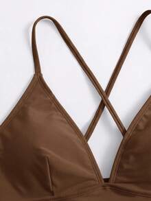 Swim Basics 女款夏季海灘素色交叉露背比基尼上衣 - 咖啡棕 - 查看 5