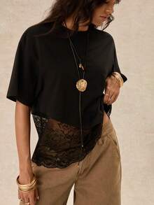 Easelle Vintage Streetstyle Streetwear Casual Bohemian Round Neck Lace Patchwork Loose Fit Women's T-Shirt Everyday Night Black Summer Out - Black - View 1