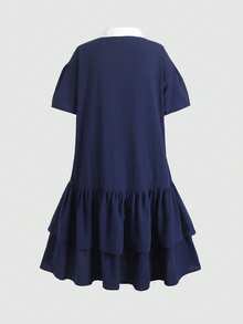 青少年女孩 Polo 領條紋刺繡圖案短袖中長洋裝，適合青少年女孩，對比色荷葉領花瓣袖印花洋裝，適合學校、戶外活動、購物，鈕扣洋裝童裝 - 藍色 - 查看 6
