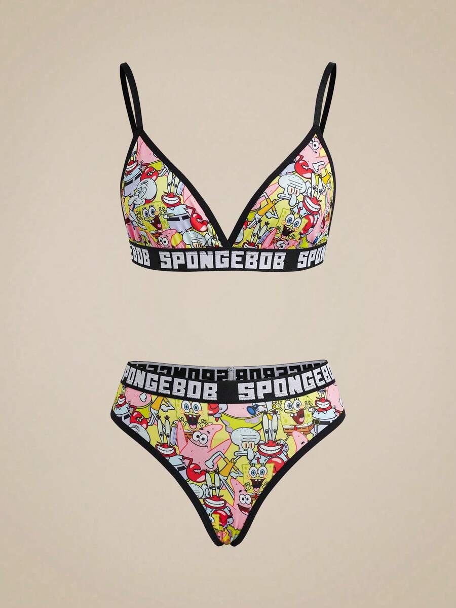 SpongeBob SquarePants | SHEIN Women's Cartoon Print Lingerie Set - Black - View 1
