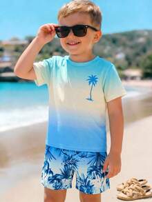 SHEIN Streecool Kids 小男孩熱帶印花海灘度假T恤與短褲2件套 - 藍色 - 查看 1
