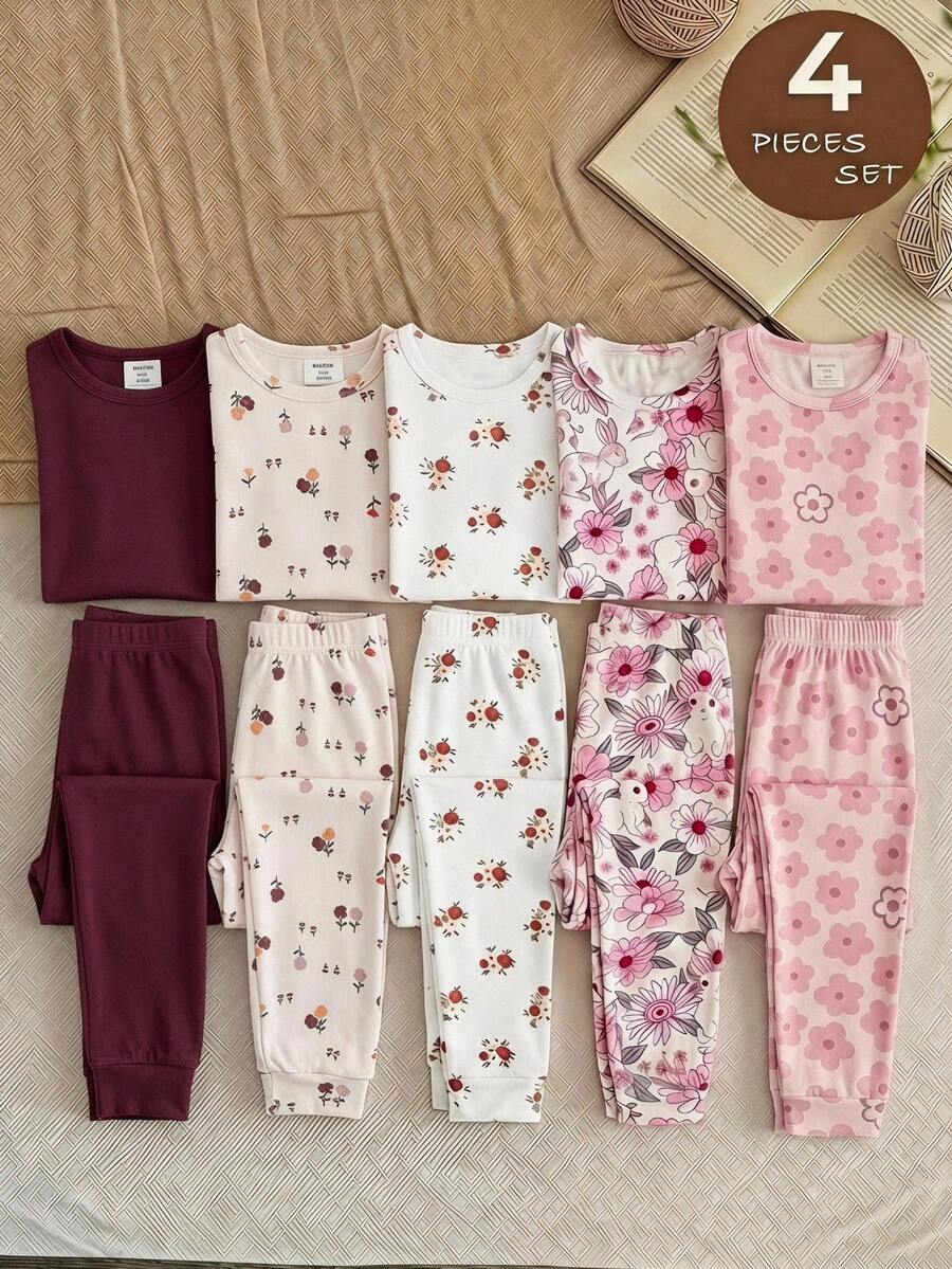 LMoss Kids Baby Girl Knit Solid Color Floral Pattern Round Neck T-Shirt And Long Pants Tight-Fitting Loungewear 4pcs Set - Multicolor - View 1