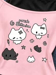 少女創意清新可愛兔蝴蝶結慵懶貓動物圖案字母標語印花休閒 2 合 1 露肩細肩帶短袖 T 恤，舒適日常穿著 - 彩色 - 查看 5