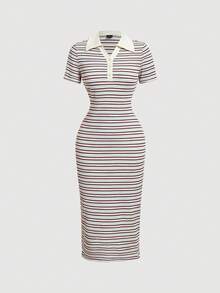 SHEIN MOD 女款短袖休閒條紋 Polo 領中長洋裝 - 彩色 - 查看 4
