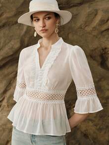 SHEIN Elegant Elegant Summer White Faux Silk Lace Patchwork Blouse Shirt - White - View 7