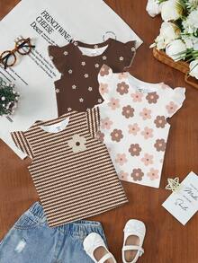 SHEIN 可愛卡其花卉系列，奶油白、棕色條紋、棕色，少女休閒時尚可愛荷葉袖圓領上衣3件組，適合春/夏日常、戶外、度假、野餐、農場，3件裝 - 彩色 - 查看 2