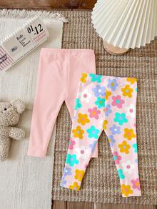 Dikirim 4 Paket Acak, 3 Paket Tersedia. Seri Warna Serbaguna, Seri Bunga & Garis-garis Manis, Legging Elastis Kasual Nyaman dan Lucu untuk Bayi Perempuan. - MultiWarna - View 7
