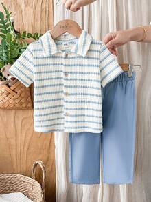 SHEIN Vintaside Kids 男嬰夏季百搭休閒翻領短袖簡約襯衫與時尚長褲套裝，適合日常穿著、家庭露營、聚會或購物 - 藍色 - 查看 4