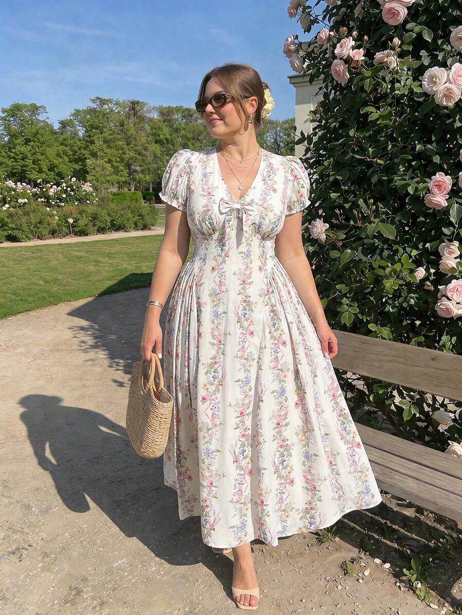 SHEIN MOD Plus Size Women's Vacation Floral Print Bow Decor Short Puff Sleeve Elegant Dress - Multicolor - View 1