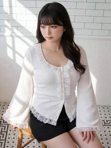Bijouette 大尺碼女款蕾絲飾邊休閒百搭日常外出T恤 - 白色 - 查看 12