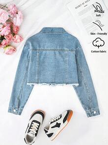 Girls' Personalized Versatile Comfortable Casual Vacation Fashion Washed Soft Distressed Street Style Daily Wear Loose Non-Stretch Short Denim Long Sleeve Jacket Lightweight Spring Autumn - Medium Wash - View 3