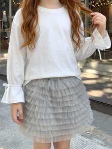 DAZY Young Young Girls Round Neck Long Sleeve T-Shirt With Bow Decor On Cuffs, Autumn - White - View 3
