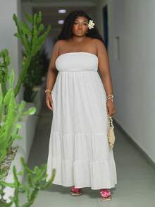 CurvyTilda Vacation Casual - Plus Size Green Solid Color Spring Style Strapless Dress,Summer Dresses For Women,Maxi Dress White Elegant - White - View 7