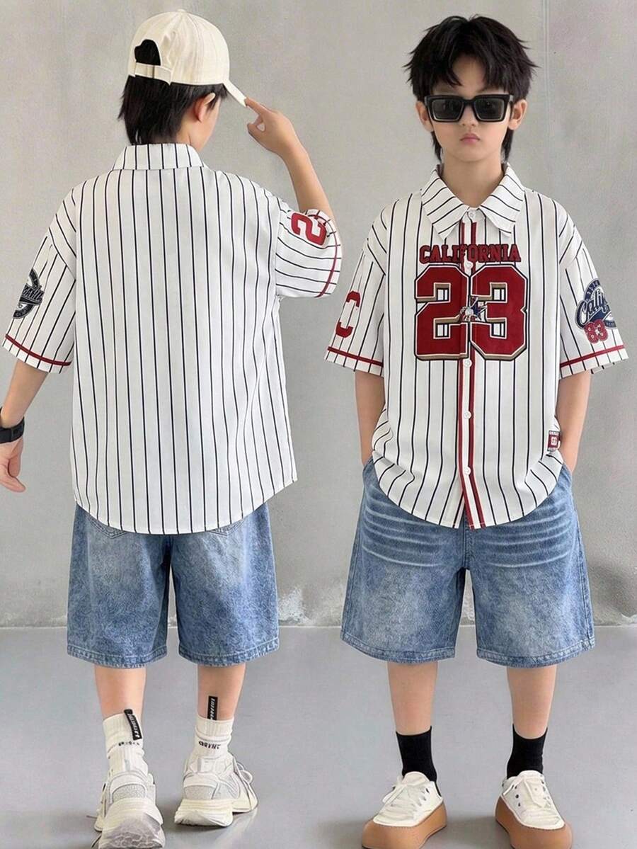 青少年男孩休閒韓系超寬鬆短袖領口襯衫外套、短褲與運動長褲套裝，Y2K風格，適合通勤、上學、家庭聚會、外出、旅行、運動，春夏季適用