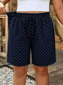 Comfylo Casual Simple Dark Blue Polka Dot Print Pattern Plus Size Pants Suitable For Summer - Multicolor - View 3