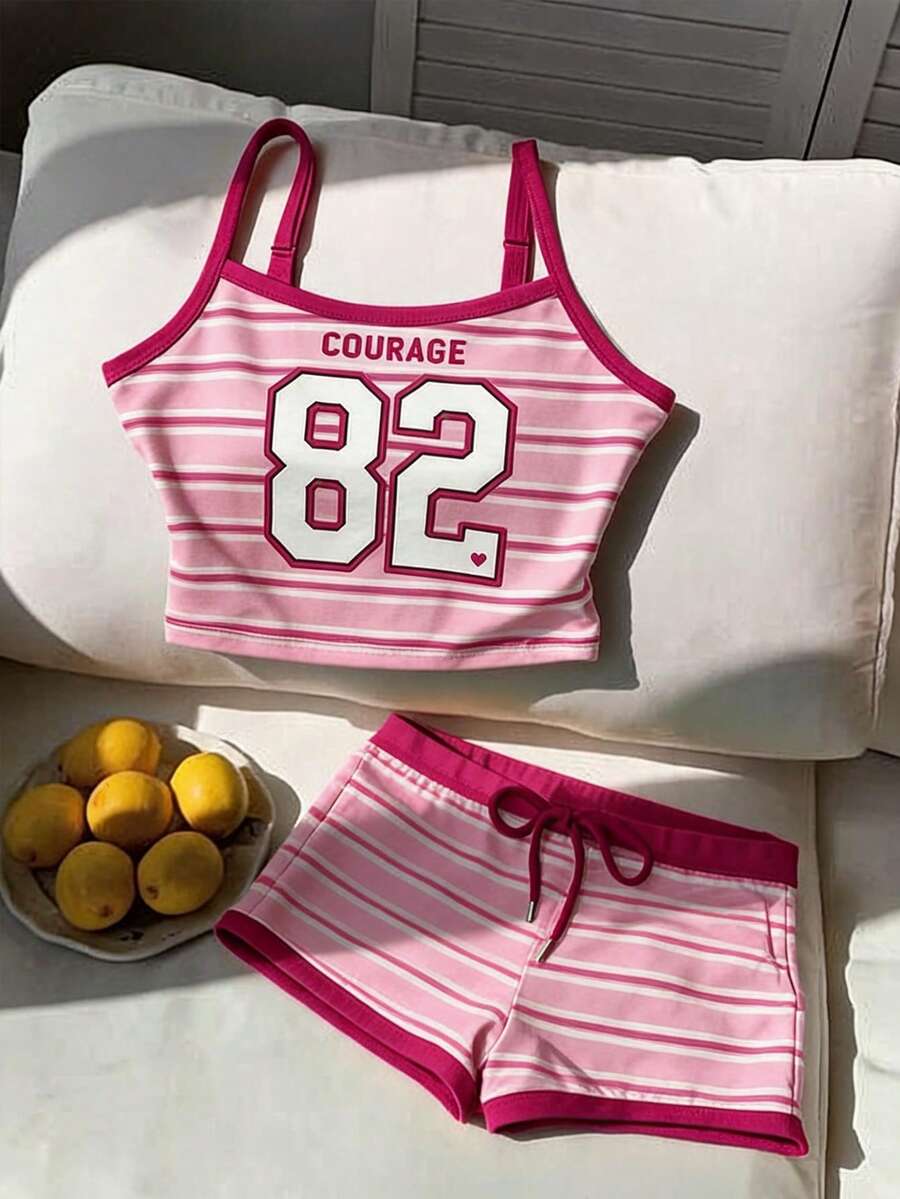 Comfortcana 女款字母條紋印花細肩帶上衣與短褲休閒學院風運動Y2K套裝 健身房穿著 粉色與白色條紋夏季居家休閒 - 粉色 - 查看 1