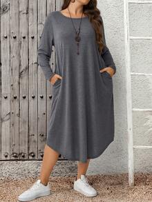 EMERY ROSE Plus Size Solid Color Long Sleeve Casual Loose Fit Vacation Dress Autumn Outfit For Women Going Out Formal Country Concert Fall Grey - Grey - View 10