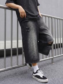 Manfinity EMRG Men's Pocket Distressed Wide Leg Loose Cropped Denim Jeans, Holiday - Black - View 3