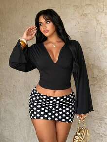 Rustia Plus Size Women's Casual Cinched Waist Top, Wide Cuff V-Neck Top, Fashionable Comfortable Early Autumn Spring Fall - Black - View 4