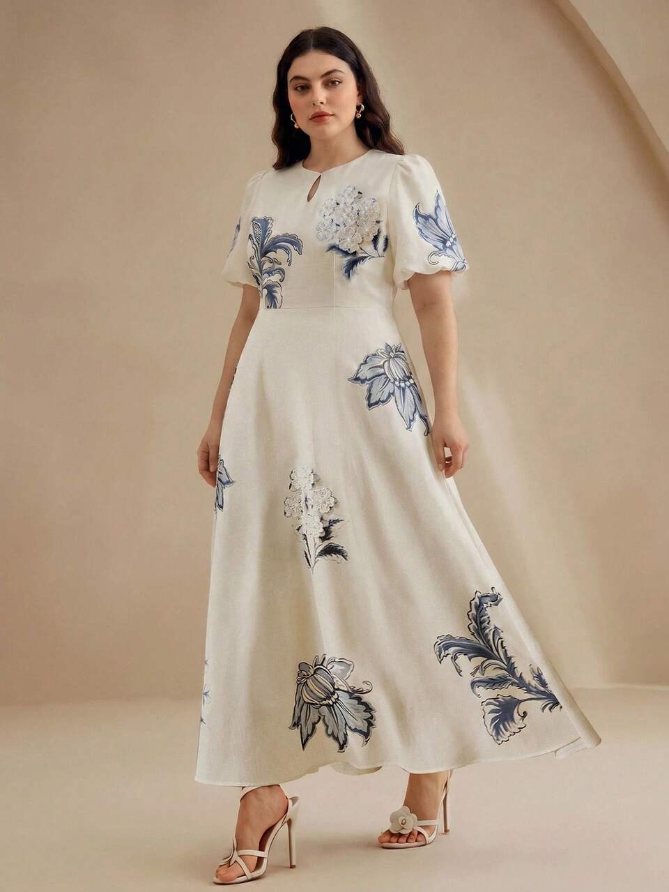 Plus Size Women's White Summer Elegant Bachelorette Party Wedding Bridal Floral Print Puff Sleeve A-Line Maxi Dress,3D Flower Decor,Casual