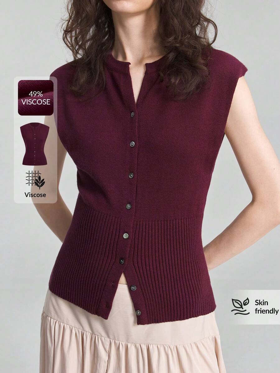 Ontre 2026夏季新款女式開襟衫，收腰設計，紫紅色短袖上衣，圓領，前扣鈕扣，設計感休閒通勤都市現代極簡優雅茶會日老錢風教師女式辦公穿著度假裝扮約會女式外套時尚百搭女式開襟衫