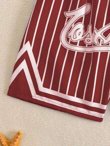 SHEIN Explorewe Pantalones cortos de playa con cordón en la cintura y estampado de rayas con letras para niños preadolescentes - Rojo - Ver 3