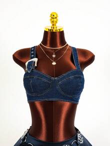 Amplova Women's Sexy Cropped Denim Top With Shoulder Eyelet Buckle Design Summer Tops Party Top Beach Top Going Out Tops Casual Top Y2K Tops Blue Top - Dark Wash - View 6