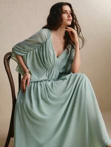 CielaLinda Women's Ruched Batwing Sleeve Chiffon Maxi Boho Elegant Romantic Wedding Sage Green Dress Cocktail Night Autumn - Green - View 6