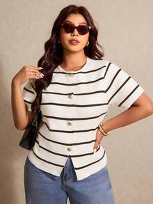 SHEIN CURVE+ Plus Size Women's Black And White Short Sleeve Single-Breasted Casual Nice Elegant Knit Cardigan Teachers' Day Evening Formal Office Summer - Multicolor - View 4