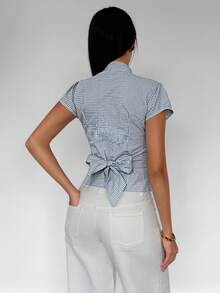 TRNVIE Women's Summer Casual Plaid Hollow Out Shirt - Blue - View 2