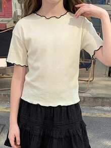 DAZY 極簡配色拼接套頭T恤 寬鬆短袖 夏季大女孩T恤 - 米色 - View 6