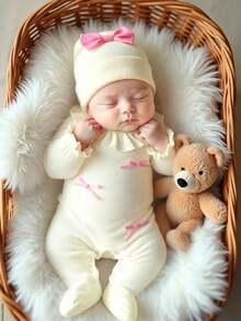 3pcs/Set Newborn Baby Girl Clothes Autumn Outfit, Princess Style Jumpsuit, Suitable For 100 Days, Spring/Autumn - Beige - View 2