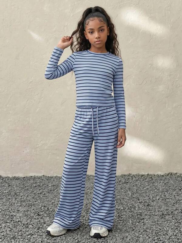 SHEIN Tween Girls 2pcs/Set Round Neck Autumn Long Sleeve T-Shirt Striped Set, Children's Yarn-Dyed Striped Long Sleeve T-Shirt Loose Long Pants