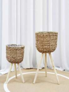 SHEIN 1 Simple And Elegant Floor-Standing Flower Stand, Garden Pot Made Of Wood And Rattan, Creative Storage Solution For The Balcony, Luxurious Flower Pot - View 2