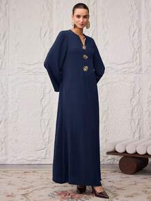 Al Najma 女款太陽金屬裝飾紋理口袋傳統阿拉伯長洋裝 - 藏蓝色 - 查看 4
