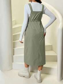 SHEIN Maternity Solid Color Casual Pocket Strap Dress - Army Green - View 2