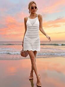 SHEIN Swim Chiccia Women's European American Style Boho Solid Color Beach Vacation Sexy Hollow Out Sheer Sleeveless Knit Cover-Up Short Strap Dress Summer - White - View 6