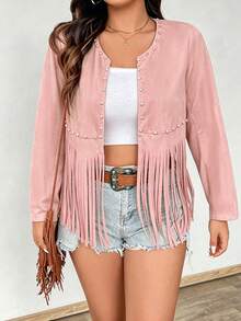 Ceyna Plus Size Front Bubble Bead Jacket Long Sleeve Hem Fringe Fall - Pink - View 6