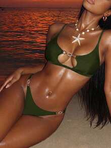 SHEIN Swim 女款夏季海灘度假派對純色鏤空性感熱帶比基尼兩件式泳衣套裝 綠色 - 軍綠色 - 查看 9