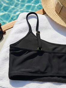 DAZY Tween Girl Solid Color Tank Top + Bikini Bottom + Cover-Up Skirt 3-Piece Swimwear Set Summer - Black - View 5