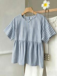 SHEIN EZwear 女款條紋圓領短袖寬鬆娃娃衫上衣 - 藍白色 - 查看 3