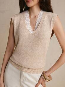 CielaLinda Women's Knit Sweater Vest Top, Lace Patchwork Cap Sleeve Tank, Sleeveless Knit Top - Camel - View 4
