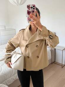 SHEIN EZwear 卡其色女款梭織雙排扣風衣 - 卡其色 - 查看 8