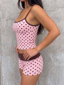 SHEIN EZwear 夏季粉色與棕色波點印花對比飾邊吊帶背心與短褲套裝 - 彩色 - 查看 5