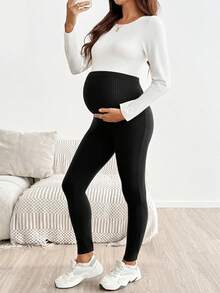 SHEIN Maternity Casual Soft Form Versatile Solid Color High Waist Leggings, Summer, Black Work Photoshoot Gender Reveal Party - Black - View 4