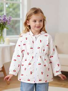 SHEIN 4-7歲女童可愛櫻桃圖案保暖內裡連帽夾克，秋冬百搭日常保暖長袖填充外套，秋季西式風格 - 白色 - 查看 11