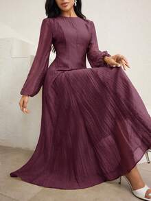 Veilorie 3/4 Sleeve High Neck Ruched Waist Elegant Versatile Dress - Red Violet - View 2