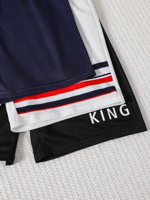 SHEIN 3套/買3送3 青少年男孩休閒拼接撞色圖案圓領寬鬆短袖T恤與短褲套裝，Y2K風格，兒童 - 彩色 - 查看 3